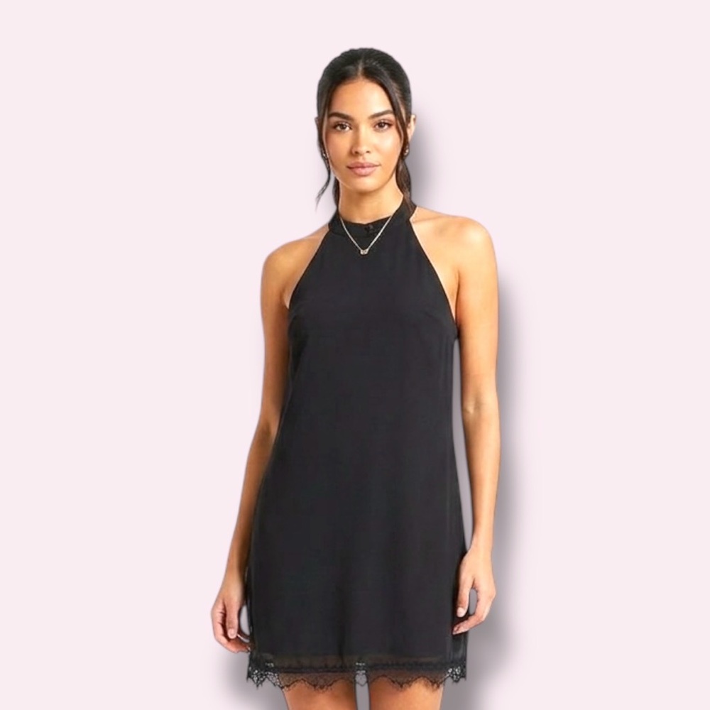 Black Halter Lace-Trim Mini Dress